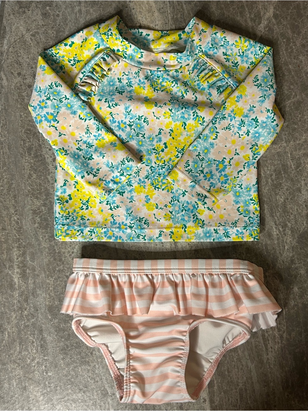 Tucker+Tate Girls Floral Swim Top with Pink Stripe Ruffle Bottoms 0-3 Months